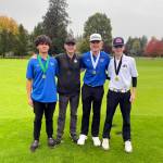 SUBMITTED PHOTO Four of five local boys golf state qualifiers pose for a photo at the conclusion of the 1A District 4 Championships on Tuesday in Tumwater. Pictured are (from left) Elmas Robby Allen, Montesanos Colton Grubb, Elmas Grant Vessey and Montesanos Ayhden Sauer. Not pictured: Hoquiams Riley Montoure.