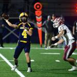 RYAN SPARKS | THE DAILY WORLD Aberdeen quarterback Grady Springer (4) throws a pass against W.F. West linebacker Miles Martin during the Bobcats 41-14 loss on Friday at Stewart Field in Aberdeen.