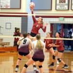 RYAN SPARKS | THE DAILY WORLD Hoquiam middle blocker Kristina Goulet (2) had a game-high 20 kills in a 3-1 loss to Montesano on Thursday at Hoquiam High School.
