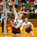 PHOTO BY FOREST WORGUM Montesano middle blocker Kylee Wisdom (9) led the Bulldogs with 13 kills in a 3-1 win over Hoquiam on Thursday at Hoquiam Square Garden.