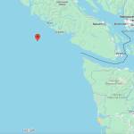 (U.S. Coast Guard Pacific Northwest) A red pin marks the rough location of where the missing fisherman was found alive in a life raft the morning of Oct. 26, two weeks after leaving Westport in the fishing vessel Evening.