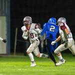 PHOTO BY FOREST WORGUM Montesano defender Mason Rasmussen (18) returns an interception for a touchdown during a 49-0 win over Elma on Friday at Davis Field in Elma.
