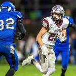 PHOTO BY FOREST WORGUM 
Montesano senior Bode Poler (22), seen here in a file photo from Oct. 28, and the Bulldogs will open the postseason with a 1A crossover game against Stevenson on Friday in Montesano.