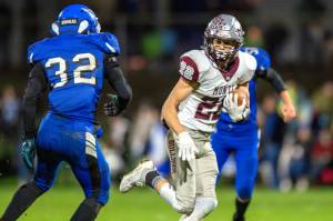 PHOTO BY FOREST WORGUM 
Montesano senior Bode Poler (22), seen here in a file photo from Oct. 28, and the Bulldogs will open the postseason with a 1A crossover game against Stevenson on Friday in Montesano.