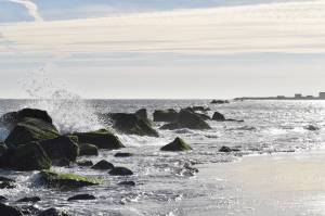 Clayton Franke / The Daily World
A remnant jetty extends roughly 10,000 feet across the middle of Oyhut Bay in October 2023. It hugged the southern shoreline of Ocean Shores upon construction in 1916, but has since been battered by waves and wind.