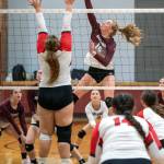 PHOTO BY FOREST WORGUM Montesano outside hitter Kaila Hatton (10) records a kill during a 3-2 win over Castle Rock in the 1A District 4 Tournament on Wednesday in Montesano.