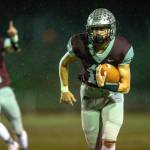 PHOTO BY FOREST WORGUM 
Montesano linebacker Mason Rasmussen returns an interception for a touchdown in a 71-0 win over Stevenson in a 1A crossover playoff game on Friday in Montesano.