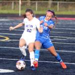 RYAN SPARKS | THE DAILY WORLD Elma senior Mia Monroe, right, defends Seton Catholics Lydia Hawkinson during the 1A District 4 third-place game on Saturday at Tenino High School.