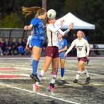 RYAN SPARKS | THE DAILY WORLD Montesanos Mikayla Stanfield and La Centers Shaela Bradley, left, compete for a header during the Bulldogs 3-0 loss in the 1A District 4 Championship game on Saturday in Tenino.