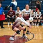 PHOTO BY FOREST WORGUM Montesanos Kaila Hatton, left, receives a serve while teammate Grace Gooding looks on during the Bulldogs 3-0 win over Hoquiam in a 1A District 4 elimination game on Saturday in Vancouver.