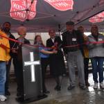 Clayton Franke / The Daily World
Representatives of the Salvation Army, Aberdeen Lions Club, and other community partners celebrate the opening of the Salvation Armys new client-choice food bank on the corner of G and 2nd Streets in Aberdeen at a ceremony on Monday, Nov. 6.