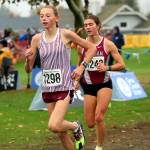 SUBMITTED PHOTO Hoquiams Jane Roloff, right, trails Montesanos Haley Schweppe during the first mile of the 1A State Championship girls cross-country race on Saturday at the Sun Willows Golf Course in Pasco.