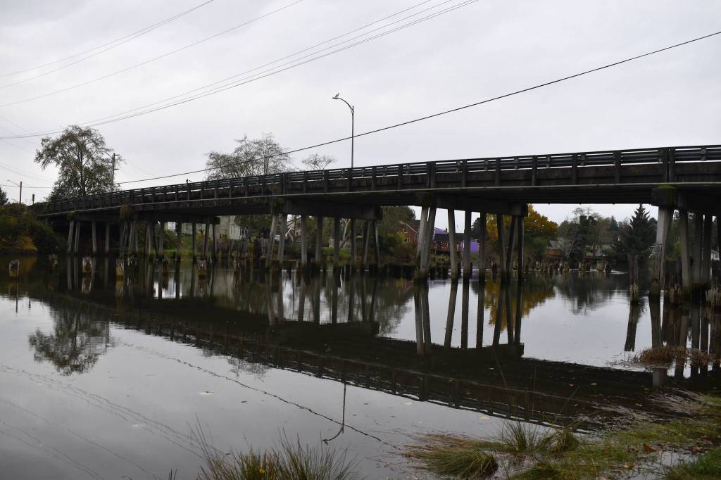 Matthew N. Wells / The Daily World
A friendly Gladys Way resident in North Aberdeen allowed this picture to be taken of the often photographed Young Street Bridge from her backyard  which sits on the the edge of the muddy banks of the Wishkah. The view allows for a different angle of the bridge, which could come down in the next few years.
