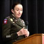 Michael S. Lockett / The Daily World
Lt. Col. Jennifer Bocanegra, an Army public affairs officer with 1st Corps, speaks during a Veterans Day ceremony at St. Mary School on Nov. 9.