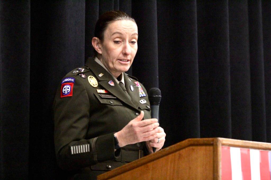 Michael S. Lockett / The Daily World
Lt. Col. Jennifer Bocanegra, an Army public affairs officer with 1st Corps, speaks during a Veterans Day ceremony at St. Mary School on Nov. 9.