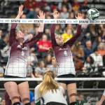 PHOTO BY FOREST WORGUM Montesanos Kylee Wisdom (9) and Liv Robinson (4) attempt to block a shot during the WIAA State Volleyball Tournament on Friday at the Yakima Valley SunDome.