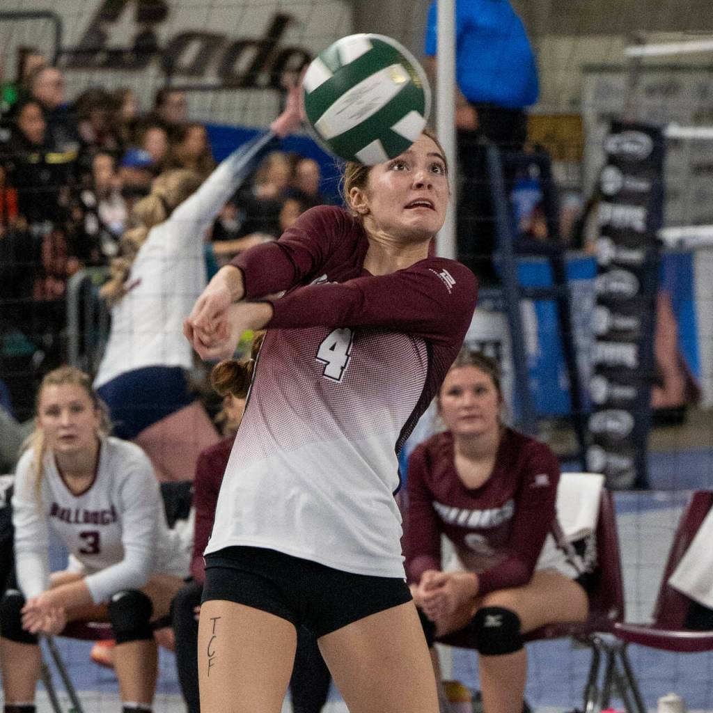 PHOTO BY FOREST WORGUM Montesanos Liv Robinson makes a pass during the 1A WIAA State Volleyball Tournament on Friday at the Yakima Valley SunDome.