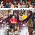 PHOTO BY FOREST WORGUM Montesanos Kylee Wisdom (9) and Liv Robinson (4) attempt to block a shot during the 1A WIAA State Volleyball Tournament on Friday at the Yakima Valley SunDome.