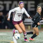 PHOTO BY FOREST WORGUM Montesano senior Mikayla Stanfield (10) dribbles against Seattle Academys Addison Bay during the Bulldogs 1-0 loss in the 1A State semifinals on Friday at Mount Tahoma Stadium in Tacoma.