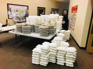 Natali Burgess 
Meal preparations stacked up during a community Thanksgiving meal event at Immanuel Baptist Church in 2022. The church served 1,200 people last year and expects that number could be even larger this year.