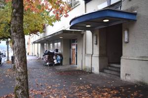 Clayton Franke / The Daily World
Only one resident of about 10-15 remained in a homeless encampment area on Market Street in Aberdeen Thursday afternoon after a building owner filed a no trespass order, which applies to the storefronts and neighboring parking lots.