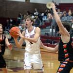 RYAN SPARKS | THE DAILY WORLD Montesano center Soren Cobb (32) passes the ball during a 69-43 win over Centralia on Tuesday at Montesano High School.