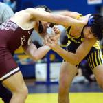 RYAN SPARKS / THE DAILY WORLD 
Montesanos Gage Stutesman, left, wrestles with Aberdeens Erick Silveira during a 165-pound match at the Grays Harbor Championship meet on Saturday at Aberdeen High School.