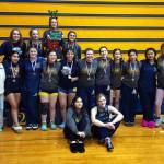 RYAN SPARKS | THE DAILY WORLD 
The Aberdeen Bobcats pose with the first-place trophy after taking the team title at the Grays Harbor Championships on Saturday at Aberdeen High School.