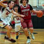 PHOTO BY FOREST WORGUM Hoquiams Lincoln Niemi (24) dribbles against Raymonds Austin Snodgrass (20) and Ashton Kongbouakhay during the Grizzlies 68-41 win on Friday at the Raymond New Years Classic in Raymond.