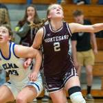 PHOTO BY FOREST WORGUM Montesanos Tieander Olson (2) and Elmas Olivia Moore compete for a rebound during the Bulldogs 53-32 victory on Wednesday in Elma.