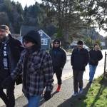Matthew N. Wells / The Daily World
Chuck Meskimen, front right, helps Randy Beerbower, back right, lead a few international musicians on a tour of a couple of old Kurt Cobain haunts. One of those stops was Cobains Aberdeen home  1210 E. First St.,  and the two others were the Young Street Bridge and the Kurt Cobain Memorial Park.