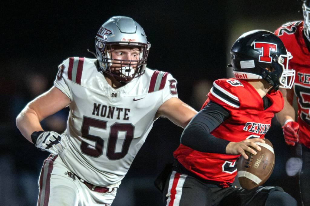 PHOTO BY FOREST WORGUM 
Montesano senior Cam Taylor (50), seen here in a file photo, was named to the WSFCA 1A All-State football team as an offensive lineman for the 2023 season.