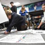 Clayton Franke / The Daily World
Students in Janet Daytons 7th grade AVID class  Advancement Via Individual Determination  work to organize their historical posters on Friday, Jan. 19. The students have worked since the beginning of the 2023 school year to prepare for the Miller Junior High centennial celebration on Sunday, Jan. 28.