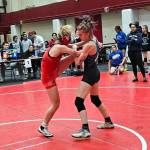 SUBMITTED PHOTO Grays Harbor Colleges Alexandria Kauffman-Templeton, right, controls the leg of Pacific Universitys Aurora Rager at the Boxer Open on Sunday in Forest Grove, Oregon.
