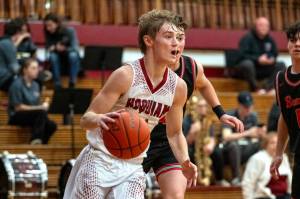 PHOTO BY FOREST WORGUM Hoquiams Zander Jump dribbles against Tenino in a 60-54 loss on Wednesday at Hoquiam High School.
