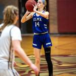 PHOTO BY FOREST WORGUM Elma senior Aaleigha Weld shoots from long range during a 56-34 loss to Montesano on Thursday at Montesano High School.