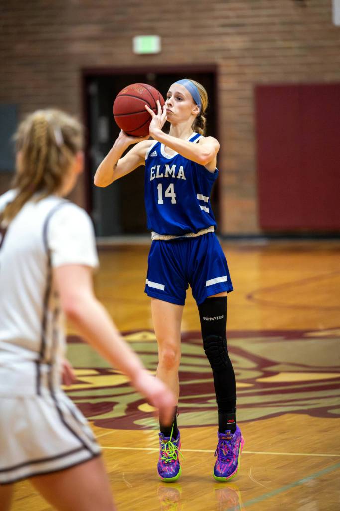 PHOTO BY FOREST WORGUM Elma senior Aaleigha Weld shoots from long range during a 56-34 loss to Montesano on Thursday at Montesano High School.