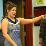 RYAN SPARKS | THE DAILY WORLD Grays Harbor College acknowledges her teammates after securing her fourth victory at the NCWA Womens National Freestyle Invitational on Sunday at Hoquiam High School.