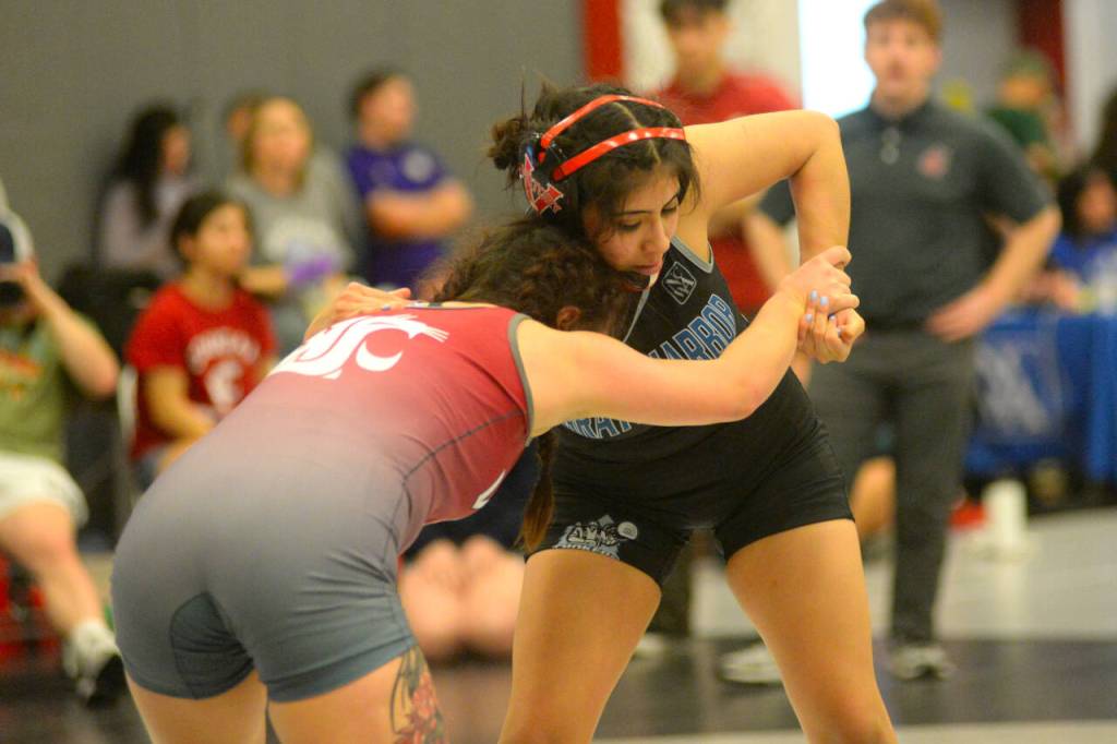 RYAN SPARKS | THE DAILY WORLD Grays Harbor Colleges Marissa Riojas, right, defeated Washington States Haley Billings during a 136-pound match at the NCWA Womens National Freestyle Invitational on Sunday at Hoquiam High School.