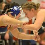 RYAN SPARKS | THE DAILY WORLD Grays Harbor Colleges Hailee Stoken, right, faces off against Utah Techs Ashley Lavarius during a 155-pound match at the NCWA Womens National Freestyle Invitational on Sunday at Hoquiam High School