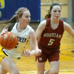 RYAN SPARKS | THE DAILY WORLD Aberdeen guard Annie Troeh, left, dribbles while Hoquiams Lexi LaBounty defends during the Bobcats 55-25 win on Monday in Aberdeen.