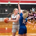 PHOTO BY VAN ADAM DAVIS Ocosta sophomore Anna Davis, left, looks to pass while defended by Willapa Valleys Kylee Fluke during the Wildcats 52-47 win on Monday at Ocosta High School.