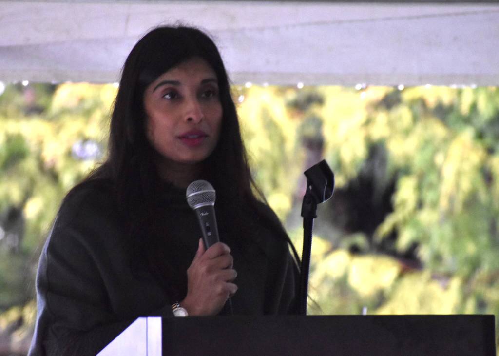 Dr. Mimi Syed, senior medical director of Summit Pacifics acute care services, speaks at the hospitals expansion groundbreaking ceremony in Elma on Wednesday, Jan. 31. (Clayton Franke / The Daily World)