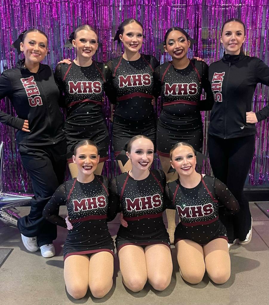 SUBMITTED PHOTO 
Montesanos dance and drill team earned district-qualifying scores at a competition last weekend in Tacoma. Pictured are (bottom row, from left): Rowan Herring, Cadence Crawford (C), Addison Plummer. Top row (from left): Lydia Christian, Karlee Watson, Polina Viltchitskaya, Stephanie Roberts, Aurora Gibbons.