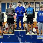 SUBMITTED PHOTO Elmas Taye Lessard (1) won the 144-pound championship at the 1A Evergreen Sub-Regionals on Saturday at Elma High School. Montesanos Kole Kjesbu (2) placed second.