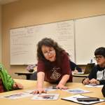 Clayton Franke / The Daily World
Cosette Terry-itewaste, lead teacher and language developer for the Quinault Language Department, leads a lesson on Quinault language at Aberdeen High School on Friday, Feb. 2. Pictured are Aberdeen Native Education students Preston Williams, left, Max Meza, right-center, and Ellie Long, right.