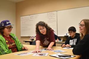 Clayton Franke / The Daily World
Cosette Terry-itewaste, lead teacher and language developer for the Quinault Language Department, leads a lesson on Quinault language at Aberdeen High School on Friday, Feb. 2. Pictured are Aberdeen Native Education students Preston Williams, left, Max Meza, right-center, and Ellie Long, right.
