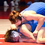 PHOTO BY SUE MICHALAK BUDSBERG Elmas Taye Lessard, top, controls La Centers Wyatt Ballard during the 144-pound final of the WIAA Region 2 Tournament on Saturday at Hoquiam High School.