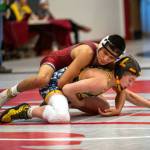PHOTO BY FOREST WORGUM Hoquiams Junior Soto, top, wrestles against Seton Catholics Connor Crum during a 120-pound semifinal match at the WIAA Region 2 Tournament on Saturday at Hoquiam High School.