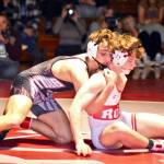 PHOTO BY SUE MICHALAK BUDSBERG Montesanos Gage Stutesman, left, gains control of Castle Rocks Braden Swihart during the 157-pound final match at the WIAA Region 2 Tournament on Saturday at Hoquiam High School.